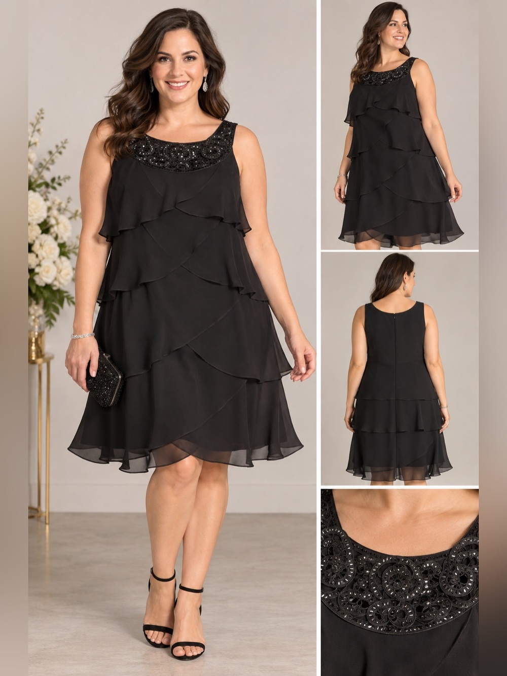SLNY Black Layered Chiffon Beaded Floral Formal Dress Size 16 👗
